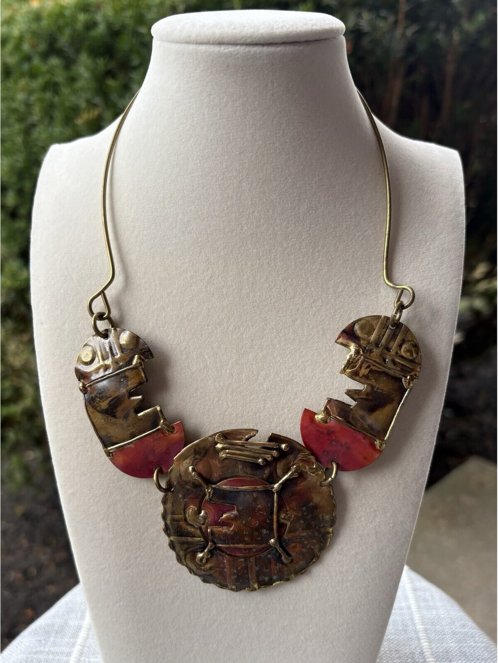 Vintage Artisan Brass Copper Red Enamel Tribal Statement Collar Necklace